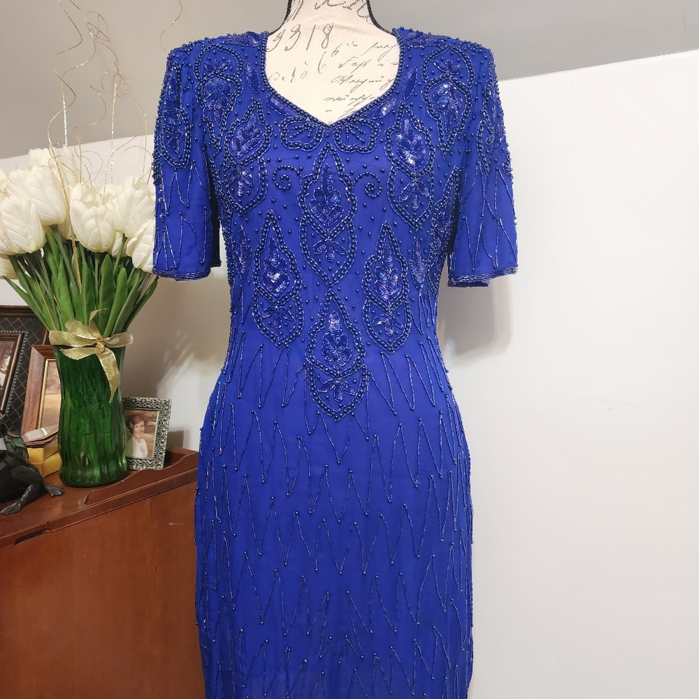 Vtg Mark&John by Sam Sequin/Beading Dress 100% Silk Blue Short Sleeve Size S